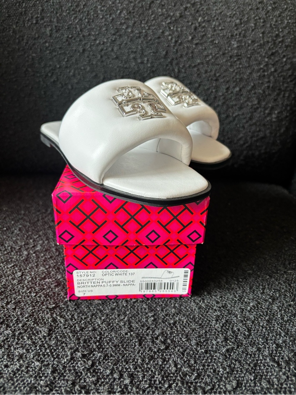 Tory Burch White Britten Puffy Slide Sandals with Silver Logo